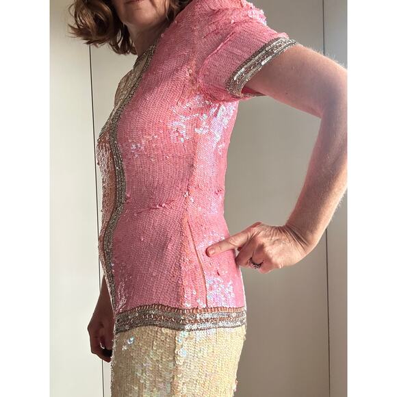Vintage 80s Silk Sequin Pink Cocktail Dress Medium Fit Knee Length Sparkle Shine - Picture 10 of 14